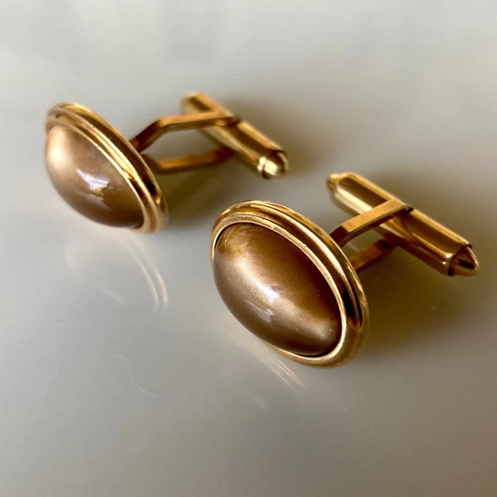 Vintage Krementz Tiger’s Eye Cufflinks– Pre-Patent 1930s • Gold Tone • Oval Dome